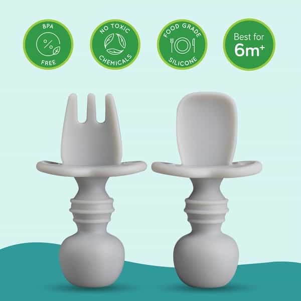 Luvlap Baby Weaning Spoon & Fork Set Chewable Silicone Utensils 6 M+ Gum Friendly