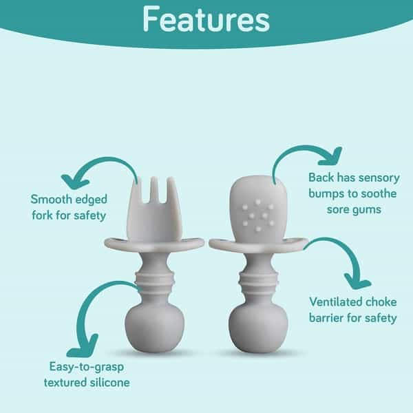 Luvlap Baby Weaning Spoon & Fork Set Chewable Silicone Utensils 6 M+ Gum Friendly