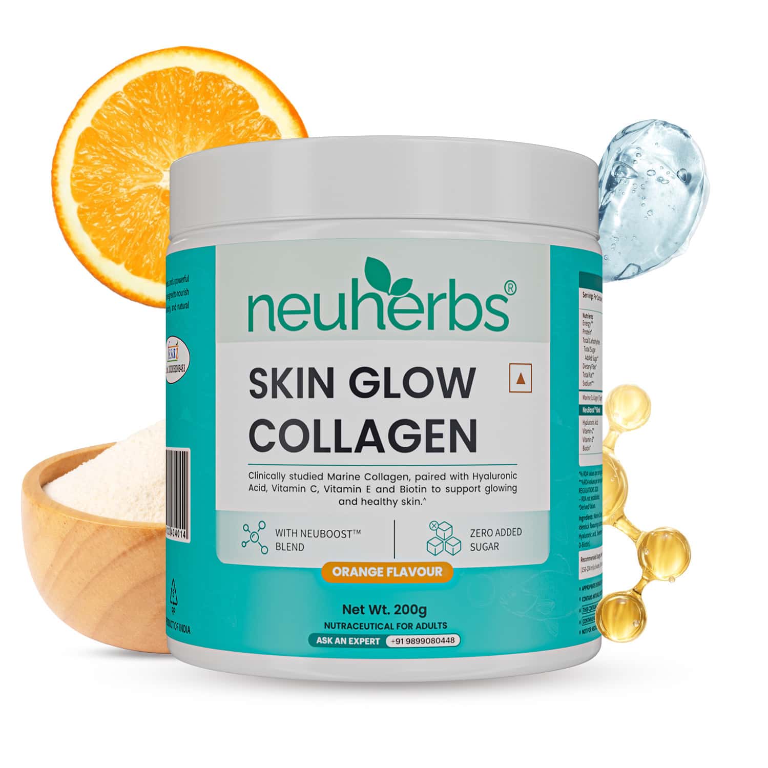 Neuherbs Skin Glow Collagen Powder- 200g (orange Flavour) With Hyaluronic Acid | Vitamin E & C