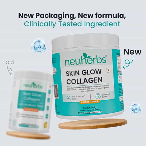 Neuherbs Skin Glow Collagen Powder- 200G (Orange Flavour) With Hyaluronic Acid | Vitamin E & C