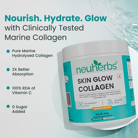 Neuherbs Skin Glow Collagen Powder- 200g (Orange Flavour) With Hyaluronic Acid | Vitamin E & C