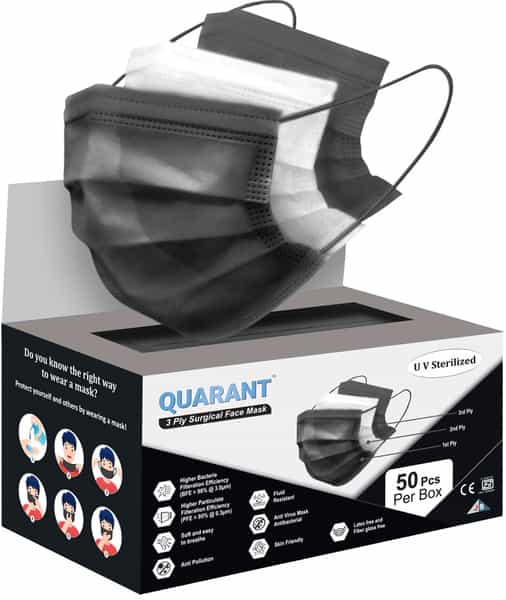 Quarant 3 Ply Black Surgical Face Mask With Adjustable Nose Pin Uv Sterilized - Pack Of 50