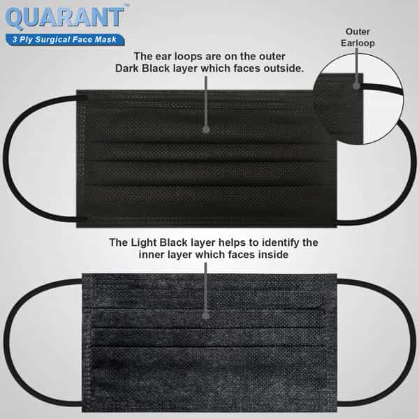 Quarant 3 Ply Black Surgical Face Mask With Adjustable Nose Pin Uv Sterilized - Pack Of 50