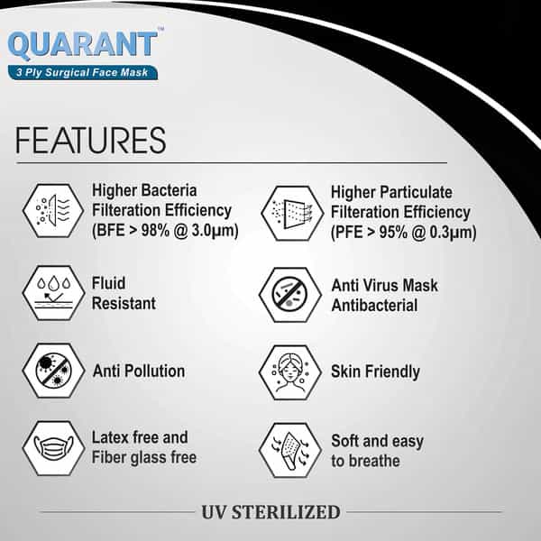 Quarant 3 Ply Black Surgical Face Mask With Adjustable Nose Pin Uv Sterilized - Pack Of 50
