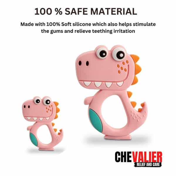 Chevalier Soft Silicone Rubber Baby Teether | Soothes Sore Gums Chew Infant Toy | Dinosaur | Pink