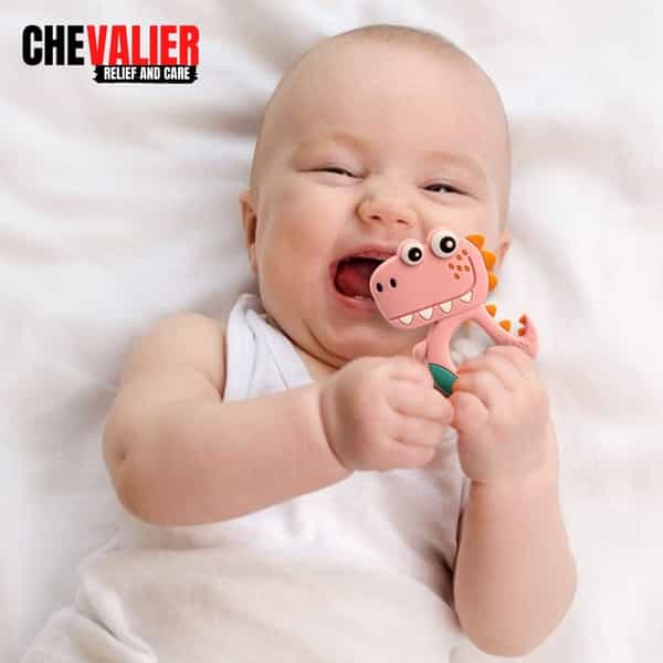 Chevalier Soft Silicone Rubber Baby Teether | Soothes Sore Gums Chew Infant Toy | Dinosaur | Pink