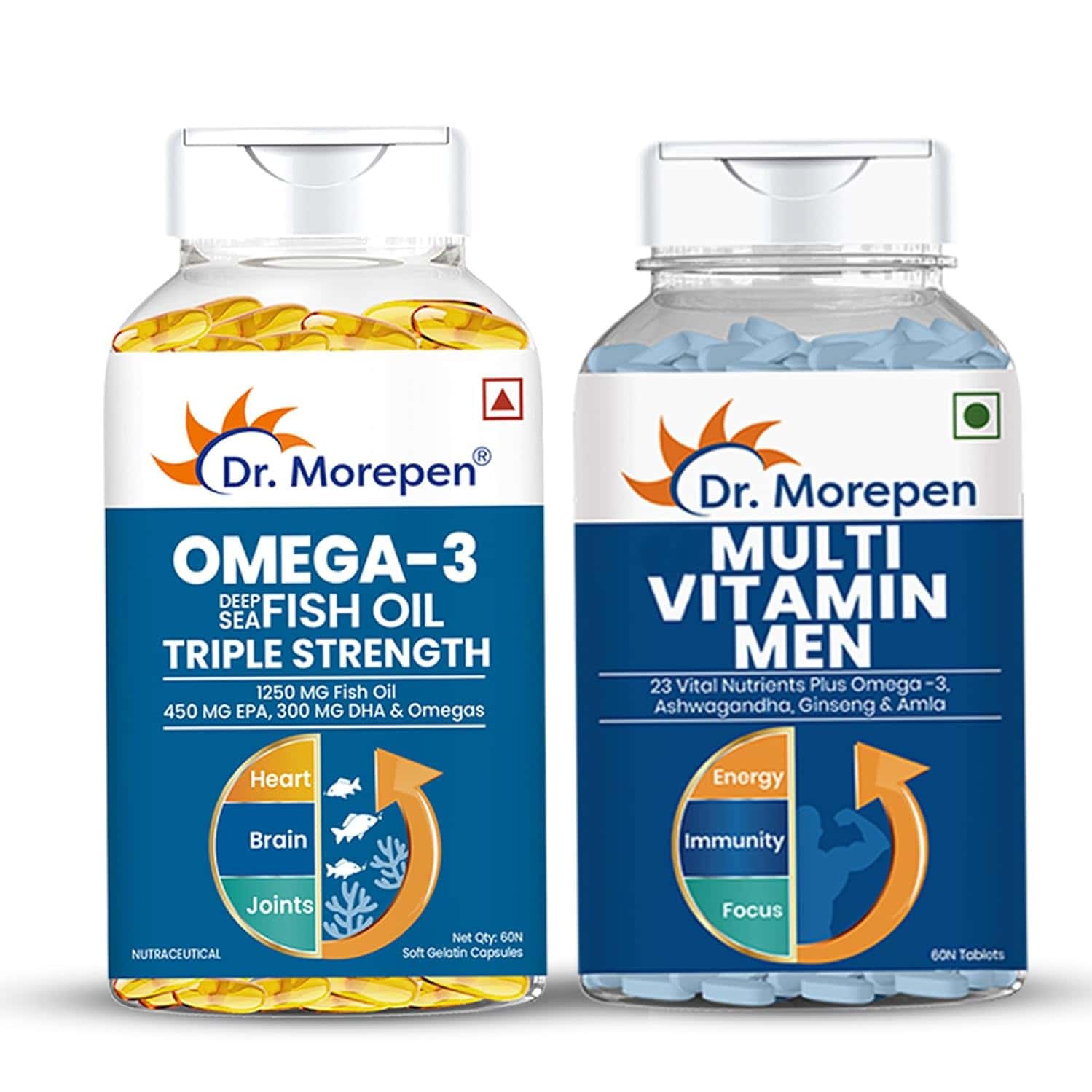 Dr. Morepen Multivitamins Men | 60 Tablets & Omega3 Deep Sea Fish Oil Triple Strength | 60 Softgels