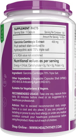 Healthyhey Garcinia Cambogia With 70% Hca Extract-Triple Salt -120 Veg. Capsules