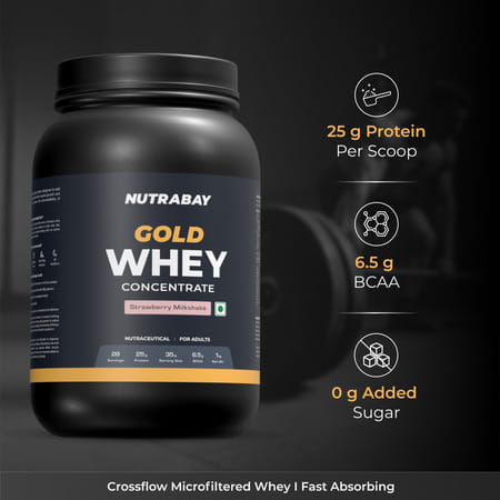 Nutrabay Gold 100% Whey Protein Concentrate Strawberry Milkshake - 1kg