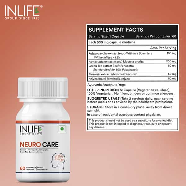 Inlife Neuro Nerve Care Health Supplement - Ashwagandha Turmeric Arjuna 500 Mg - 60 Veg Capsules