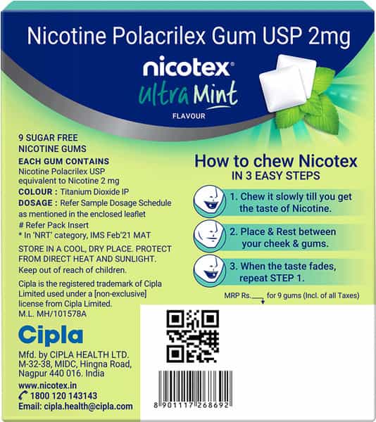 Nicotex 2Mg Ultra Mint Flavour Sugar Free Strip Of 9 Nicotine Gums