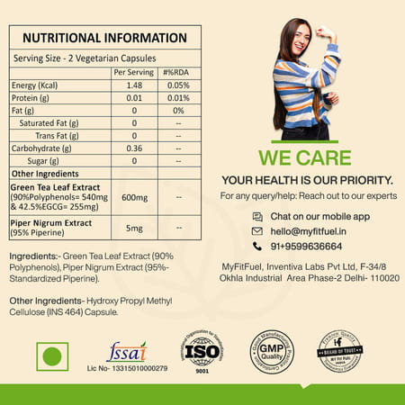 Myfitfuel Green Tea Extract (90% Polyphenols, 42.5% Egcg) With Piperine 95%, (600mg), 180 Capsules