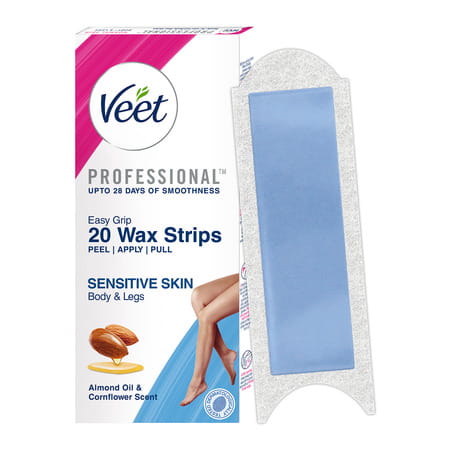 Veet Professional Waxing Strips Kit For Sensitive Skin | Almond Oil & Cornflower Scent 20 Strips