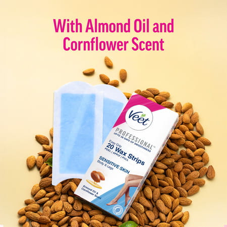 Veet Professional Waxing Strips Kit For Sensitive Skin | Almond Oil & Cornflower Scent 20 Strips