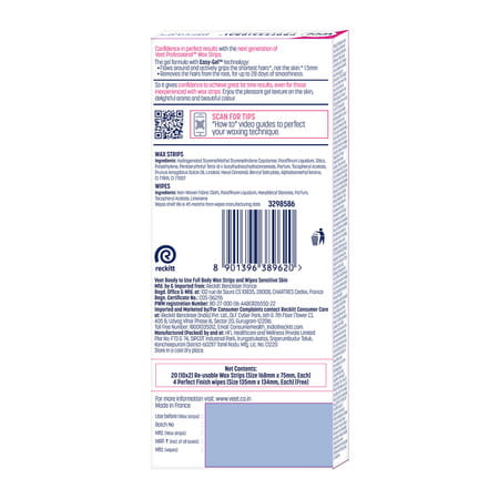Veet Professional Waxing Strips Kit For Sensitive Skin | Almond Oil & Cornflower Scent 20 Strips