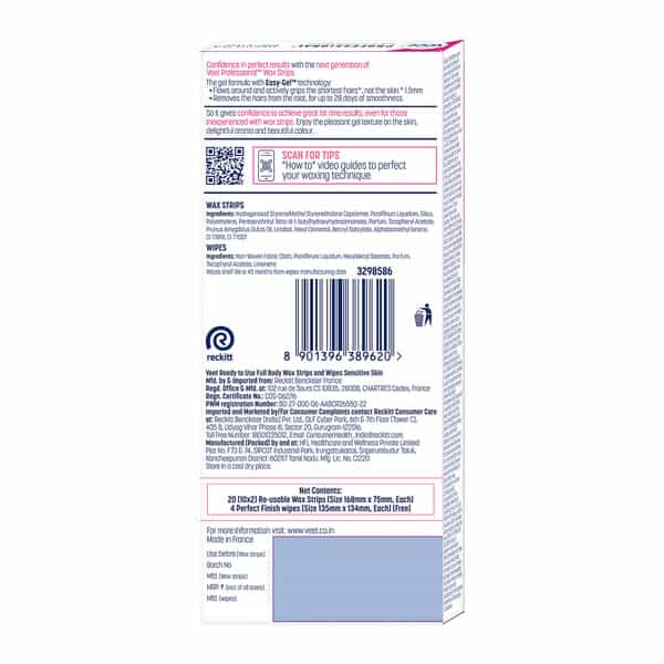 Veet Professional Waxing Strips Kit For Sensitive Skin | Almond Oil & Cornflower Scent 20 Strips