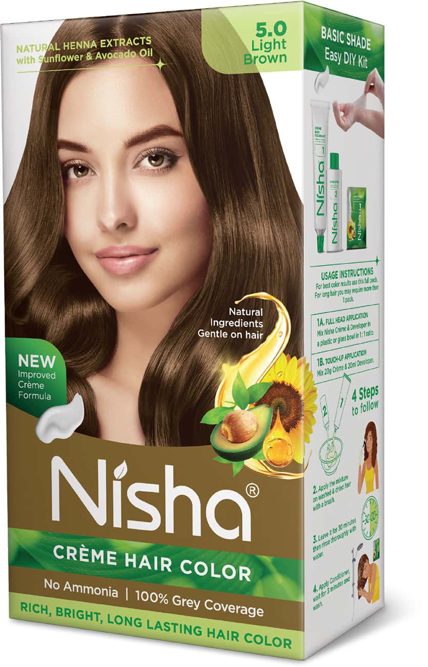 Nisha Creme Hair Color 5.0 Light Brown (60gm+60ml+18ml) Ammonia Free Permanent Hair Colour