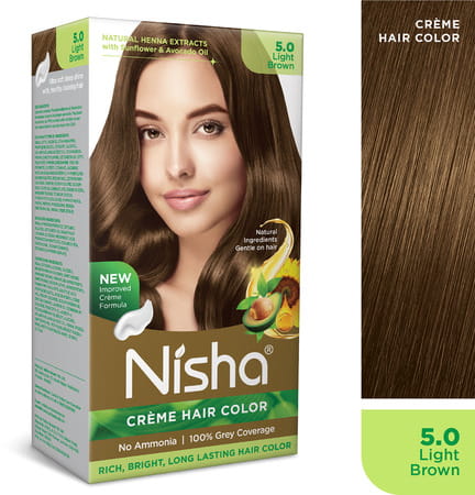 Nisha Creme Hair Color 5.0 Light Brown (60gm+60ml+18ml) Ammonia Free Permanent Hair Colour