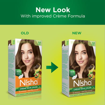 Nisha Creme Hair Color 5.0 Light Brown (60gm+60ml+18ml) Ammonia Free Permanent Hair Colour