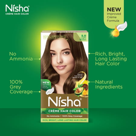 Nisha Creme Hair Color 5.0 Light Brown (60gm+60ml+18ml) Ammonia Free Permanent Hair Colour