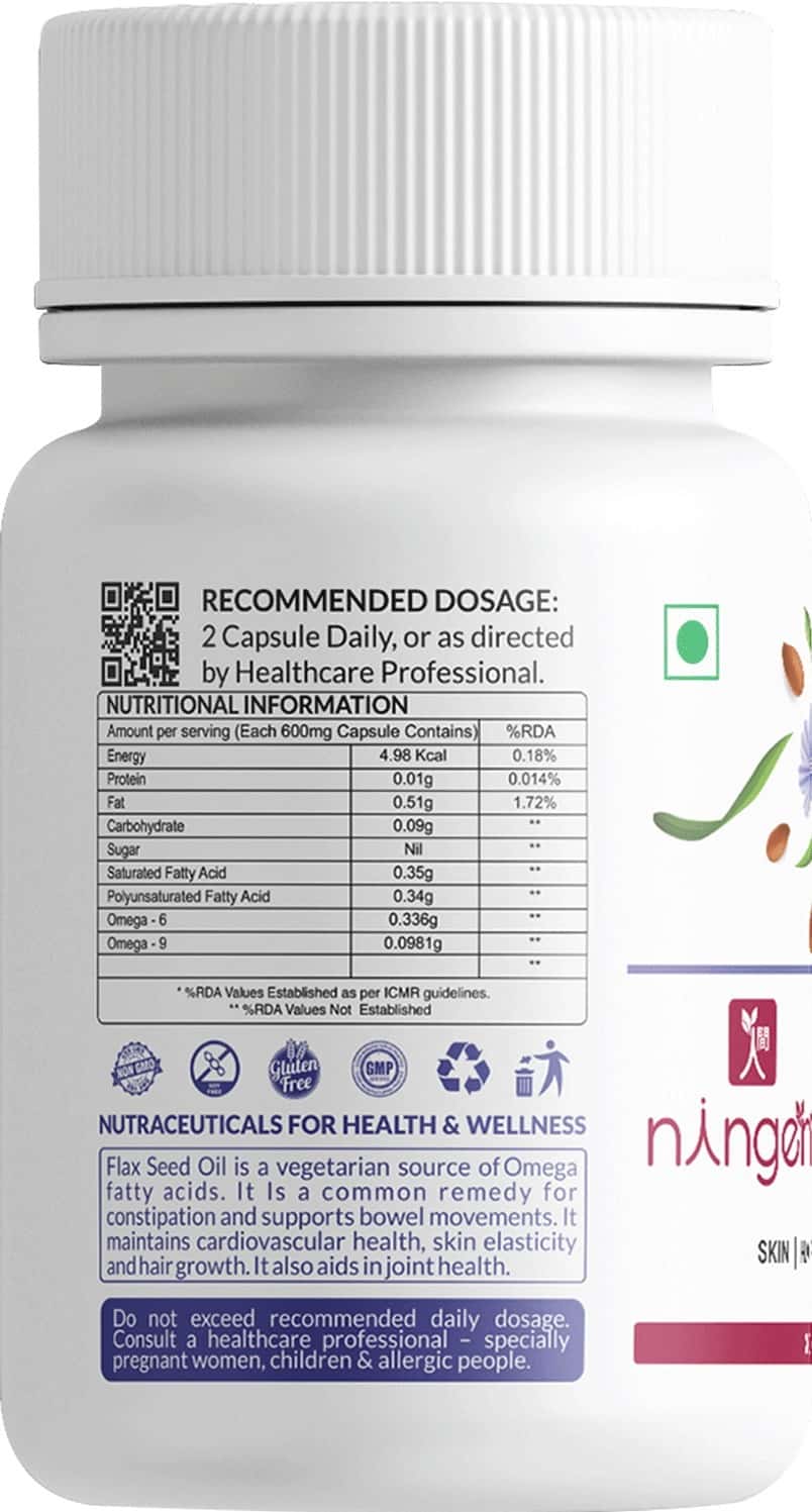 Buy NINGEN FLAX SEED OIL CAPSULES FOR DIGESTION SKIN AND HEART 30 VEG