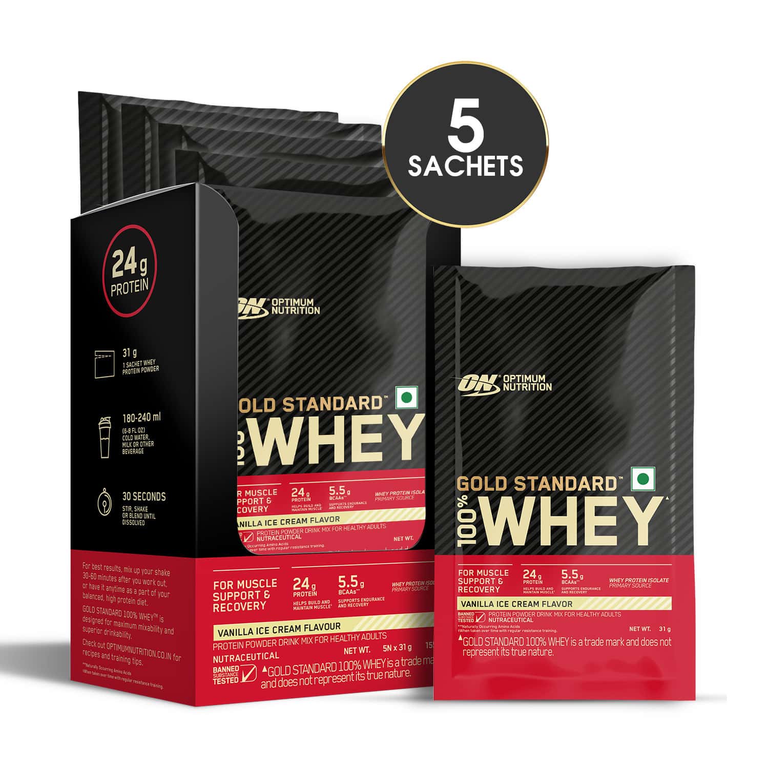 Optimum Nutrition Gold Standard 100% Whey Vanilla Ice Cream Flavour Sachets (5 * 31g) 155 Gm