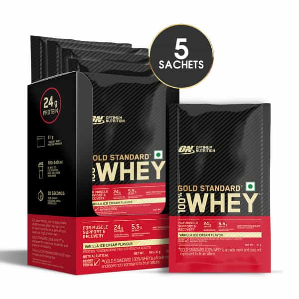 Optimum Nutrition Gold Standard 100% Whey Vanilla Ice Cream Flavour Sachets (5 * 31G) 155 Gm