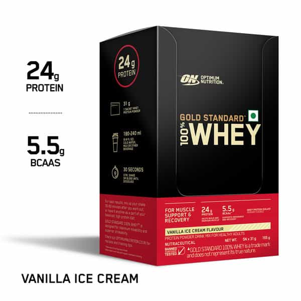 Optimum Nutrition Gold Standard 100% Whey Vanilla Ice Cream Flavour Sachets (5 * 31G) 155 Gm