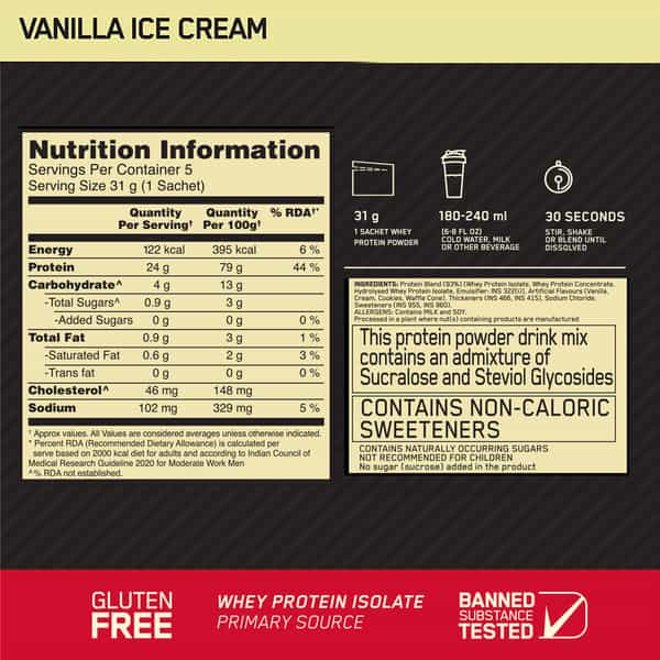 Optimum Nutrition Gold Standard 100% Whey Vanilla Ice Cream Flavour Sachets (5 * 31G) 155 Gm