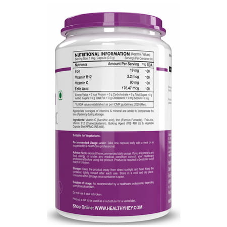 Healthyhey Iron Supplement For Men - With Vitamin B12 & Vitamin C 60 Veg Caps.