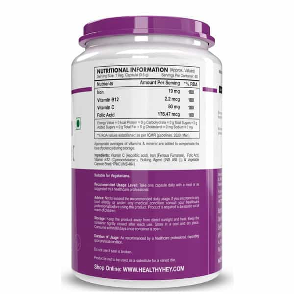 Healthyhey Iron Supplement For Men - With Vitamin B12 & Vitamin C 60 Veg Caps.