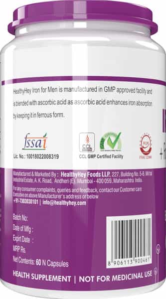 Healthyhey Iron Supplement For Men - With Vitamin B12 & Vitamin C 60 Veg Caps.