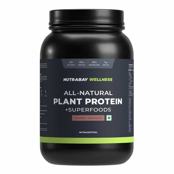 Nutrabay Wellness All-Natural Plant Protein Powder + Superfoods Gourmet Chocolate (Stevia) - 1Kg