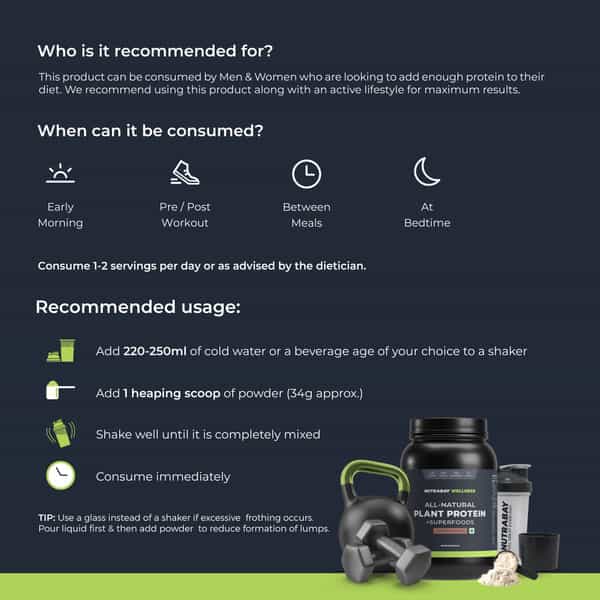 Nutrabay Wellness All-Natural Plant Protein Powder + Superfoods Gourmet Chocolate (Stevia) - 1Kg