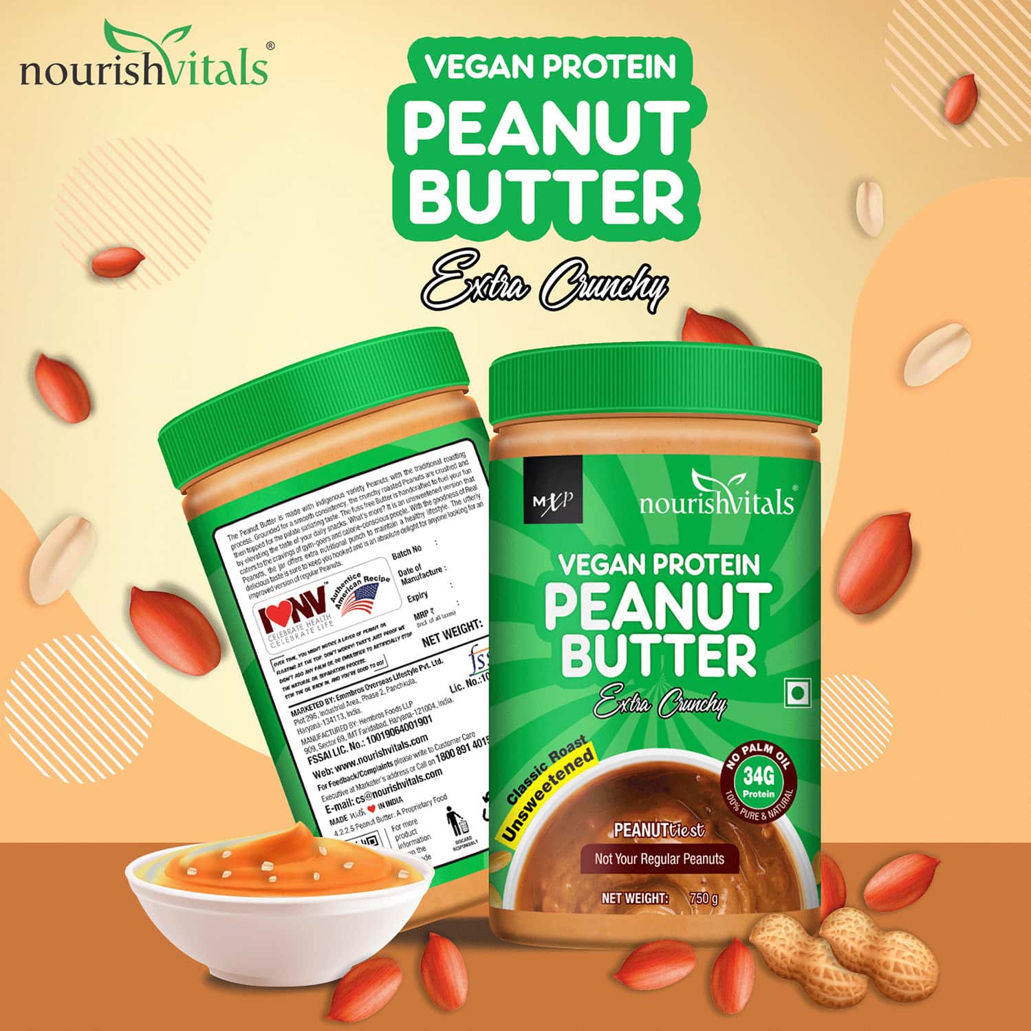 Buy NOURISHVITALS VEGAN HIGH PROTEIN PEANUT BUTTER NO ADDED SUGAR SALT