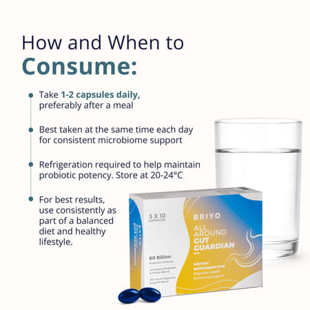 Briyo All Around Gut Guardian- 60 Billion Cfu Probiotics Prebiotics Digestive Enzymes & Herbs - 30N