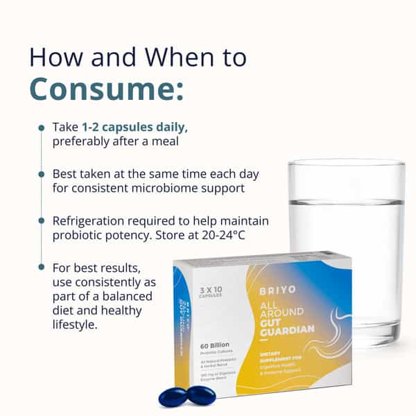 Briyo All Around Gut Guardian- 60 Billion Cfu Probiotics Prebiotics Digestive Enzymes & Herbs - 30N