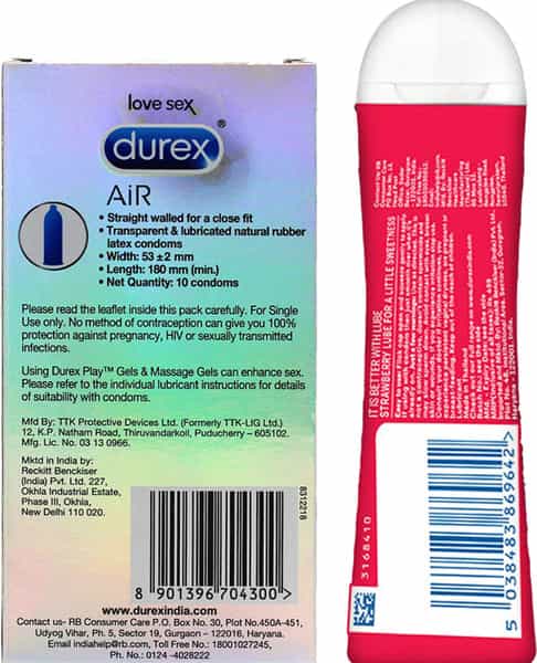 Durex Air Condoms For Men-10Count With Durex Strawberry Flavoured Lubricant Gel-50Ml
