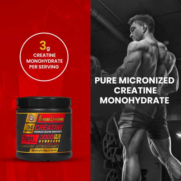 Fitness Universe Micronized Creatine Monohydrate Powder | 250G | 84 Servings | Unflavoured