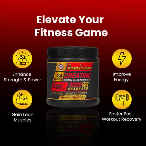 Fitness Universe Micronized Creatine Monohydrate Powder | 250G | 84 Servings | Unflavoured