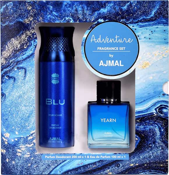 Ajmal Gift Set Of Yearn Edp 100Ml & Blu Deodrants 200 Ml For Men + 2 Parfum Testers