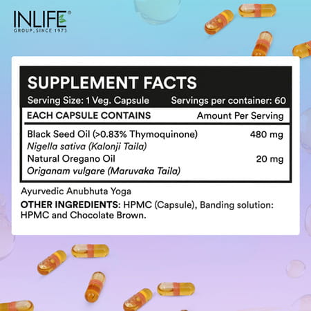 Inlife Black Seed Oil (480mg) & Oregano Oil (20mg 50:1) | Extra Virgin Cold-Pressed 60 Veg Capsules