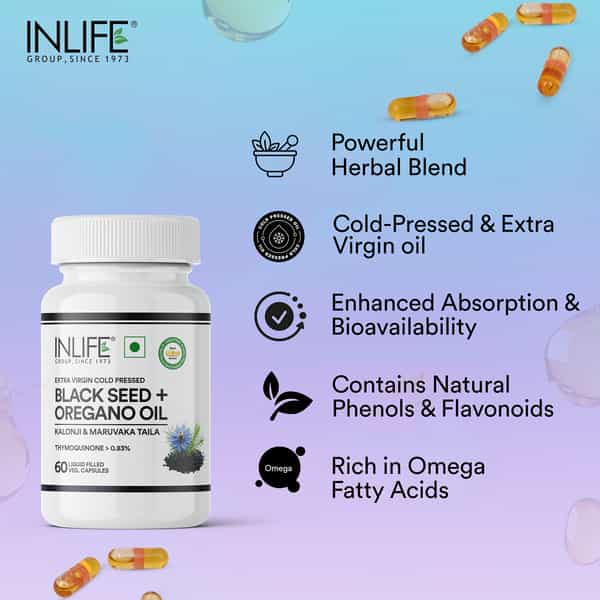Inlife Black Seed Oil (480Mg) & Oregano Oil (20Mg 50:1) | Extra Virgin Cold-Pressed 60 Veg Capsules