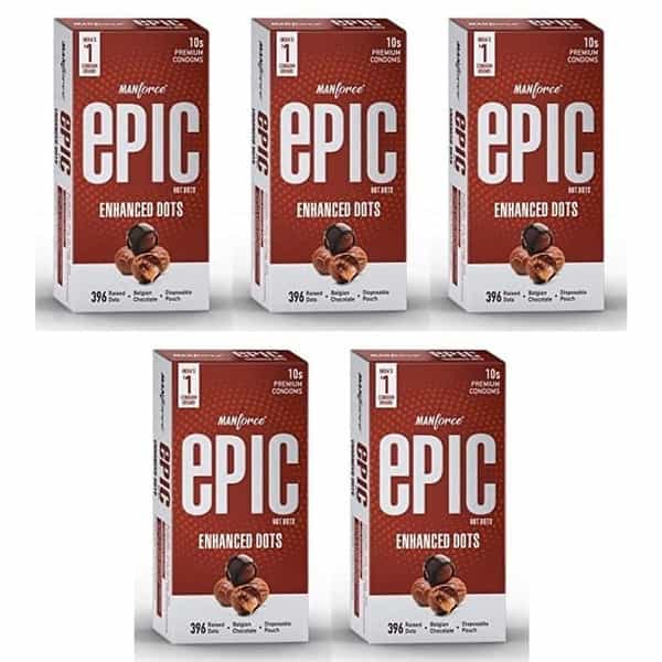 Manforce Epic Hot Dots Enhanced Dotted Condoms For Men Belgian Chocolate Flavour (Set Of 5X10)