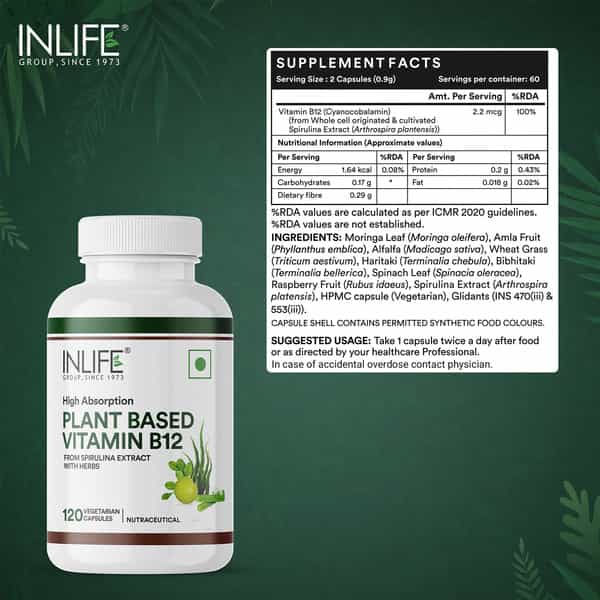 Inlife Plant Based Vitamin B12 Supplements For Men & Women - 120 Veg Capsules