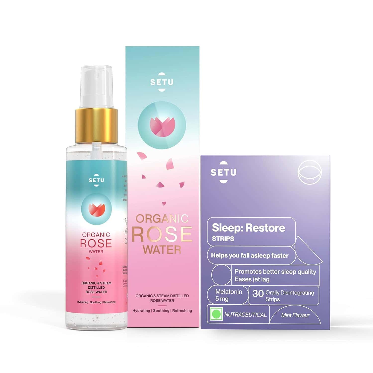 Setu Organic Rose Water Combo Packs 2 | Rose Water Hydrating & Sleep: Restore | Melatonin 5mg Strips