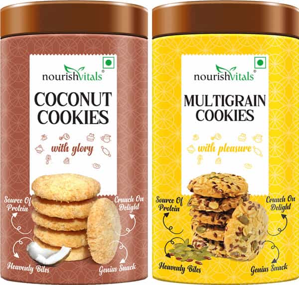 Nourishvitals Cocount Cookies + Multigrain Cookies Heavenly Bites Source Of Protein 120G Each