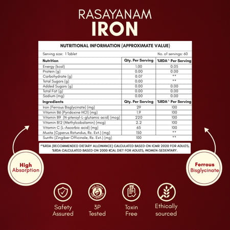 Rasayanam Iron Supplement | 4x Absorption | Vit C & B - Complex | 60 Tabs | Pack Of 1
