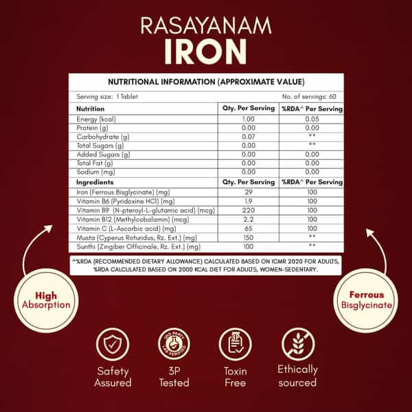 Rasayanam Iron Supplement | 4X Absorption | Vit C & B - Complex | 60 Tabs | Pack Of 1
