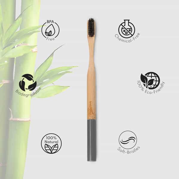 Imvelo Premium Bamboo Toothbrush | Easy Grip Round Handle Pack Of 4 Charcoal Activated Soft Bristles